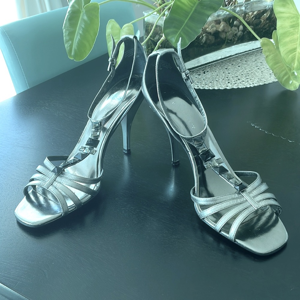 Nine West Strappy, Silver Heels with Gem T-Strap Details